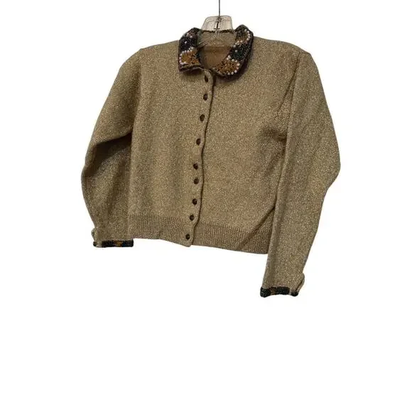 VINTAGE GOLD SHIMMER BEADED MOHAIR CARDIGAN SZ XS/S